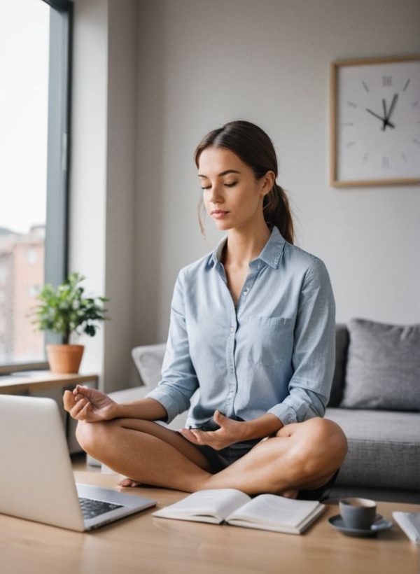 a group of people working on a big table on their laptops, headphones, water bottles